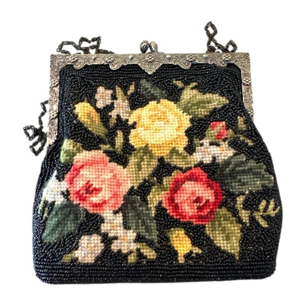 Needlepoint Purse Evening Bag Vintage kiss lock beaded floral w chain strap